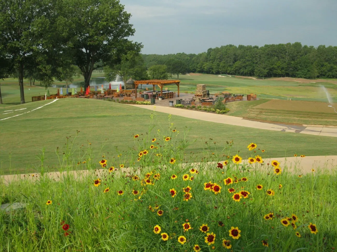 Yellow and red wildflowers in tall grass beside a cart path, with an open-air pavilion and stone fireplace across the fairway.